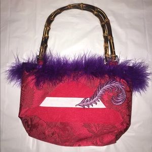 "Mary Poppins" Red embroided handbag w/ purple fur